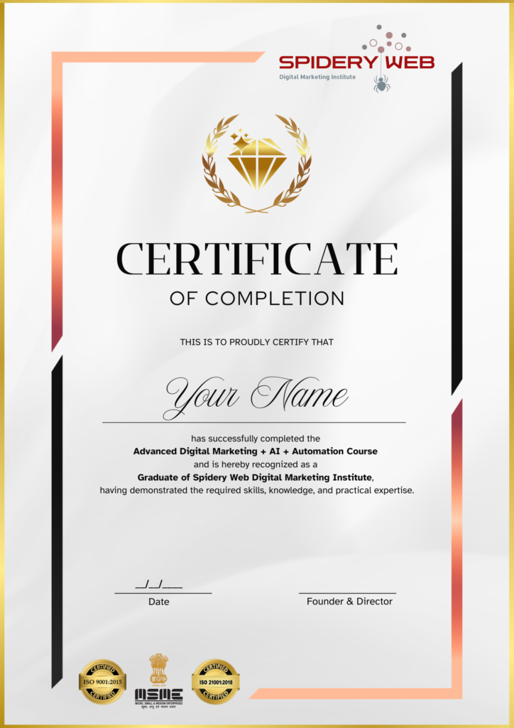 Spidery Web Institute course completion certificate